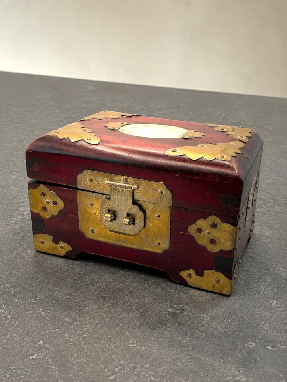 Vintage Wood & Brass Shanghai Chinese Jade Inlay Jewelry Box 5.25" x 4"